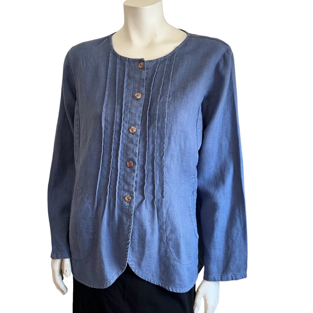 Kleen 100 % Ramie Blue Button down Pockets Size Medium Top